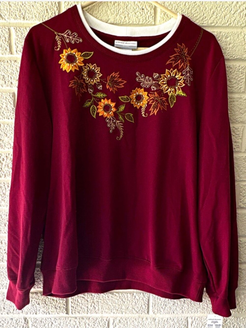Alfred Dunner Classics Petite PXL Burgundy Fall Leaves Embroidered Crewneck New